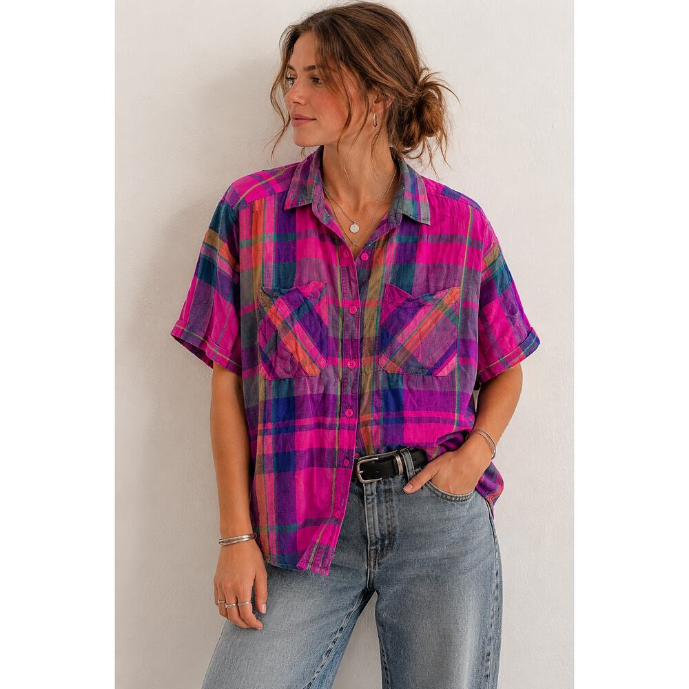 Vintage Jacque & KoKo Pink Purple Plaid Short Sleeve Button-Up Blouse XL 14/16